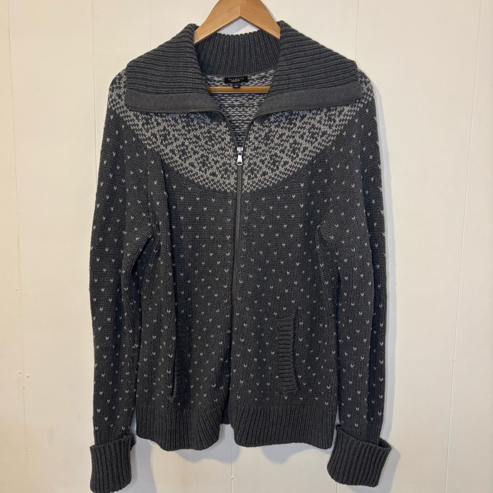 Talbots Gray Thick Knit Full Zip Sweater Wool/Cotton Fair Isle Size Large